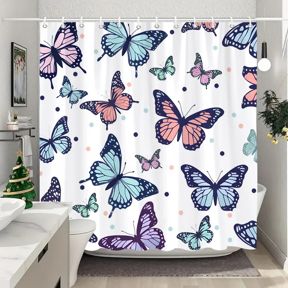 Beautiful Butterfly Paris Tower Shower Curtain Botanical Floral Colourful Printed Washable Shower Curtain Bathroom Decoration