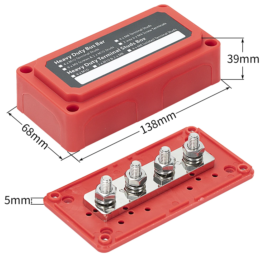 300A Bus Bar Power Distribution 3/8" (M10) 4 Studs Bus Bar Power Distribution Block Heavy  Electric Bus Bar with Cover