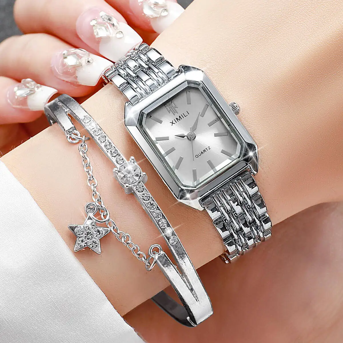 2PCS/Set Fashion Rectangle Women Watches Stainless Steel Band Quartz Watch Bracelet Set Reloj Mujer（Without Box）