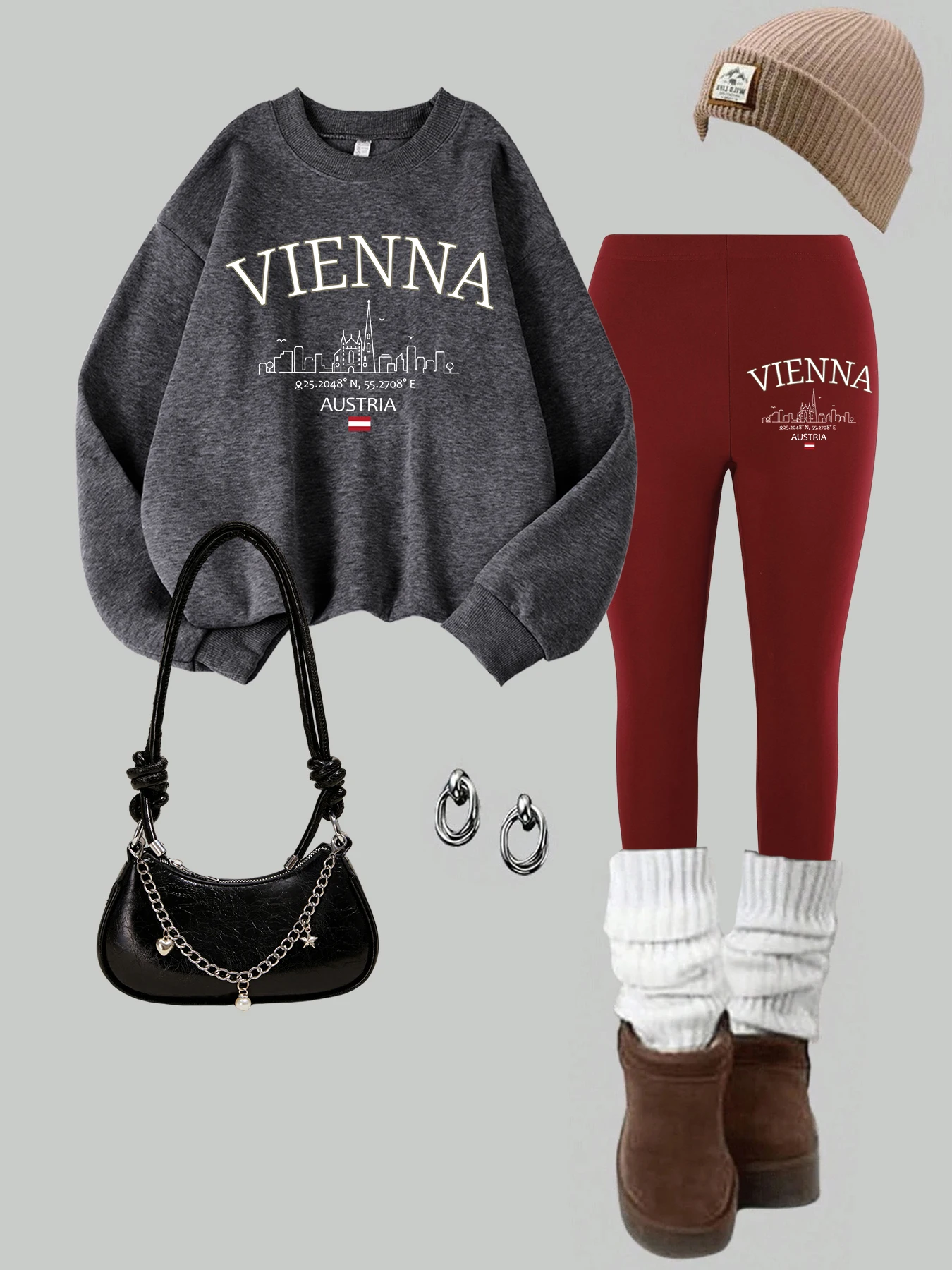 2-teiliges Damen-Sweatshirt-Leggings-Set mit Wiener Österreich-Flagge und Buchstabendruck, Winter-Thermo-warme Hoodies und Hosen, lässige Damenkleidung