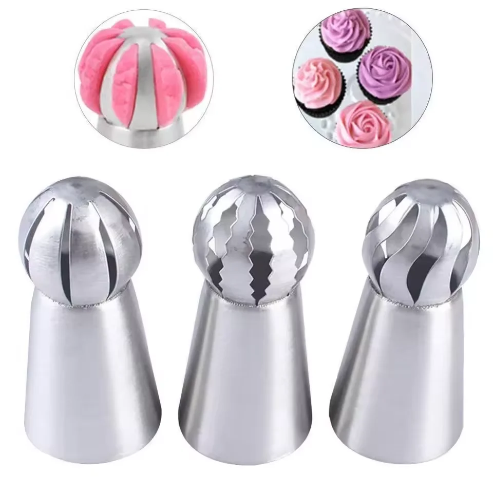 3Pcs Torch Lower Nozzles Pastry Cake Russian Spherical Cream Squeezing Flower Mouth Tool Stainless Kitchen Baking Tool