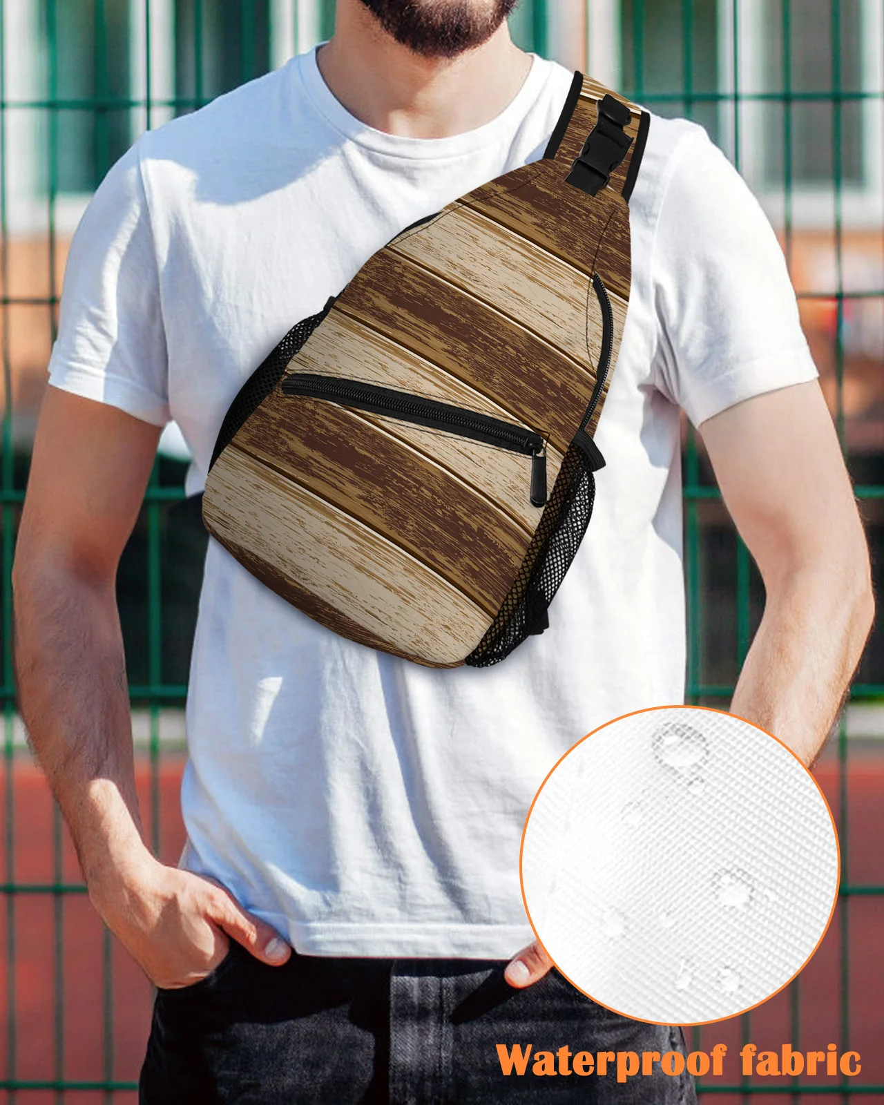 Bolsos de pecho rústicos de grano de madera Retro marrón para mujeres y hombres, bolsos de mensajero impermeables, bolso cruzado de un hombro para deportes de viaje femenino