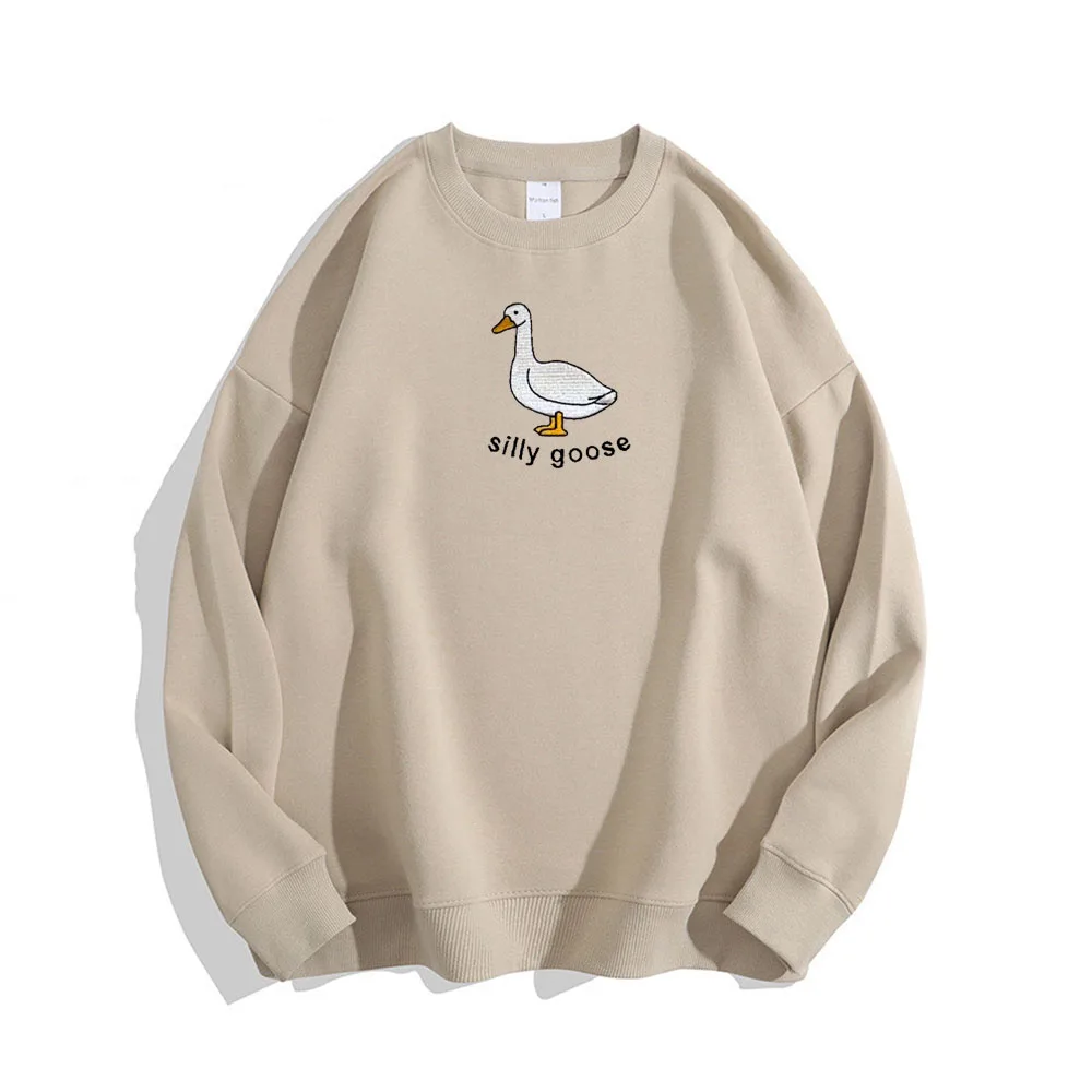 Vintage Style Silly Goose Embroidered Cotton Pullovers Women Long Sleeve Thick Fleece Inside Sweatshirts O Neck Casual Jumpers