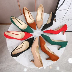 Low Heel Pumps Lady Pointed Toe Kitten Heels Female Green Flock Red Shoes Women High Heels