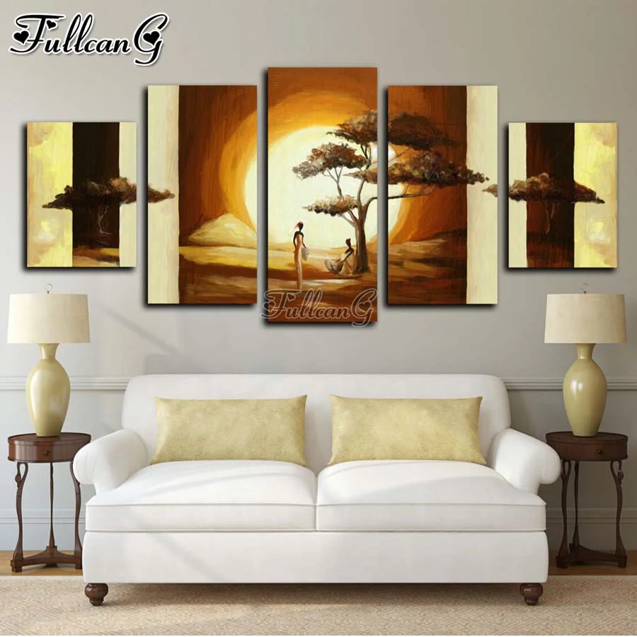 

FULLCANG abstract african woman tree mosaic 5 piece diamond painting picture full rhinestone embroidery girl home decor FG1039