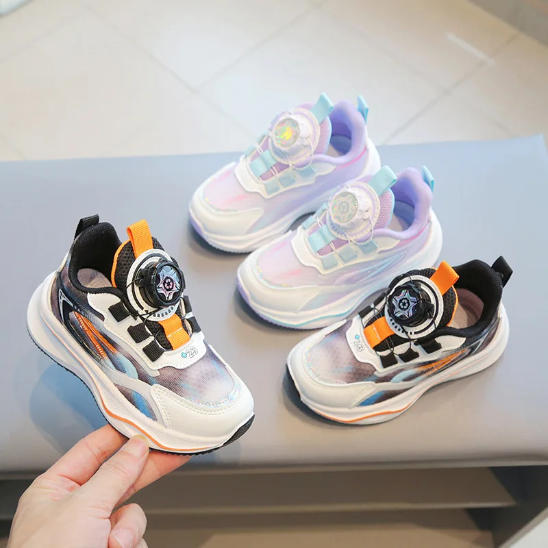 Children's Sneakers 2024 Spring Boy's Casual Shoes Rotating Button Girls' Running Shoes Breathable Baby Net Shoes Single