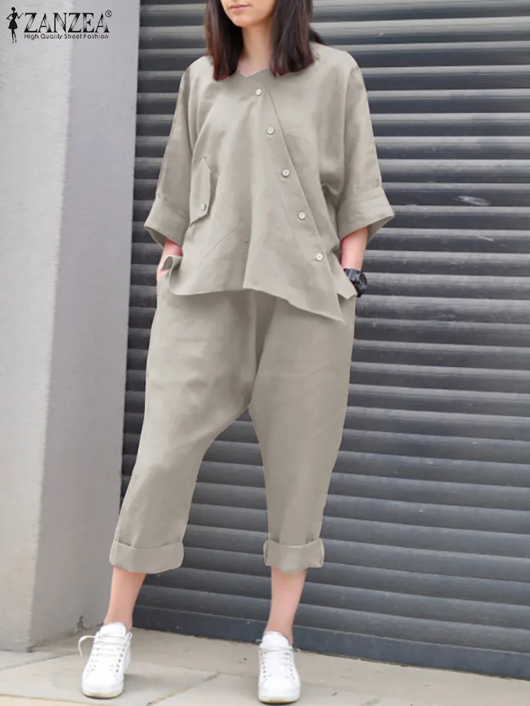 

ZANZEA Two Piece Sets Women's Tracksuit Summer 3/4 Sleeve Blouse Suits Vintage Solid Pant Sets Casual Loose Matching Sets 2PCS