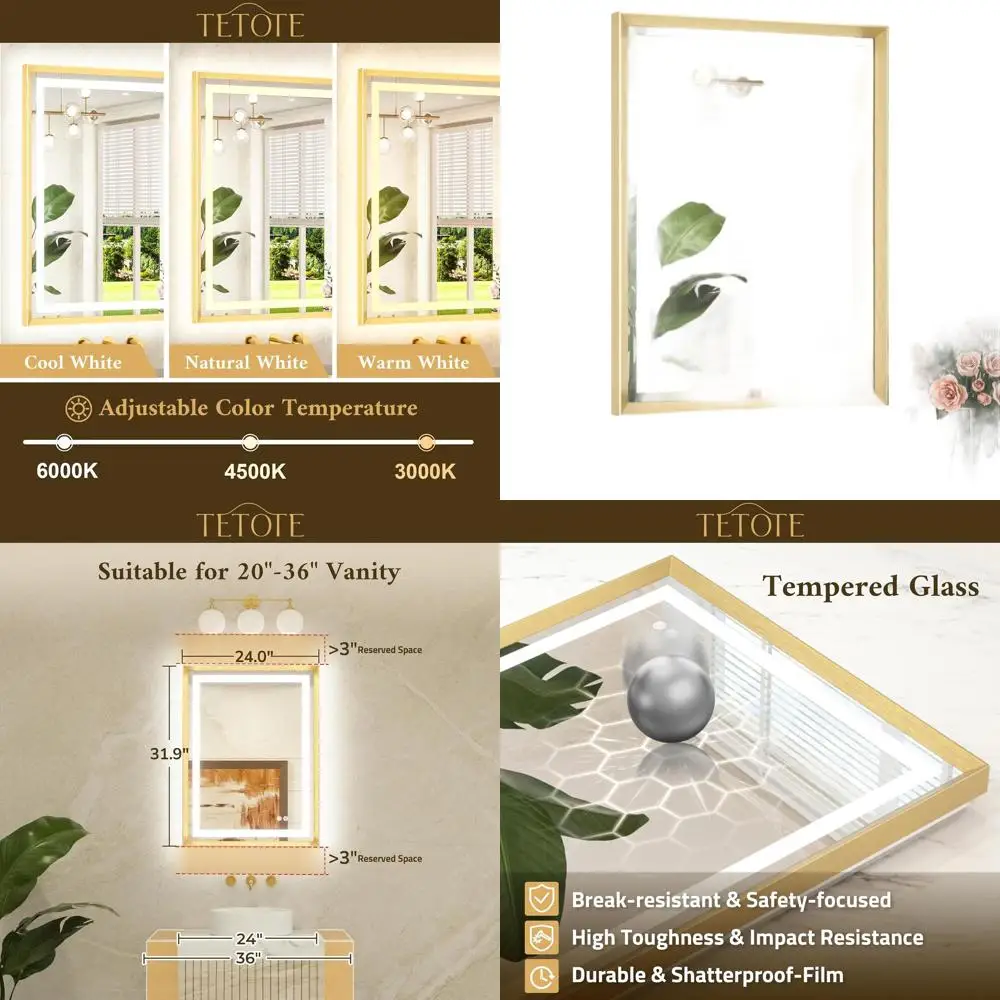 

Зеркало для макияжа с LED-подсветкой 24 x 32 дюйма, 3 цветовых температуры и диммер, настенное крепление, рама из матового золота