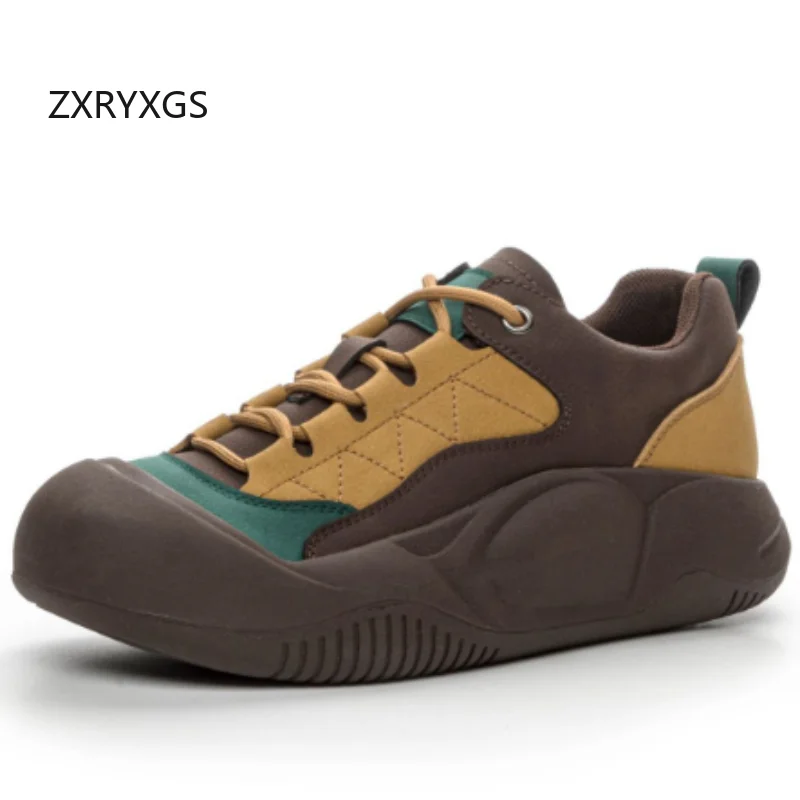 ZXRYXGS 2026 Plus Size Autumn Lace-up Genuine Leather Spell Color Women Fashion Sneakers Casual Shoes Thick Sole Increase Shoes