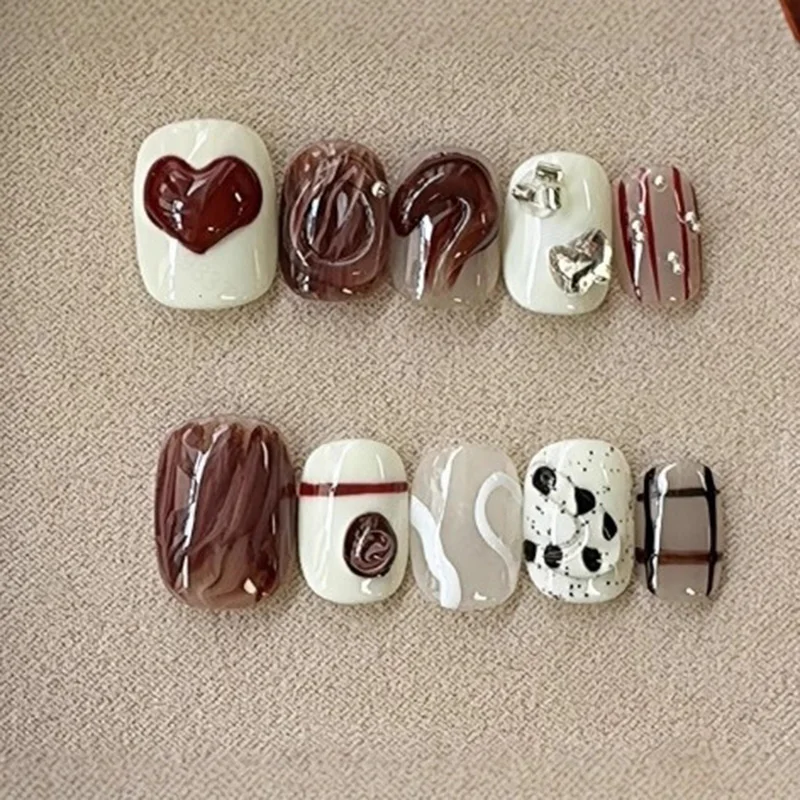 

10pcs Handmade Press on Nail Donut with Rhinestones Short Ladder Full-Coverage False Nail Heart-Shaped Gel Nail Sticker