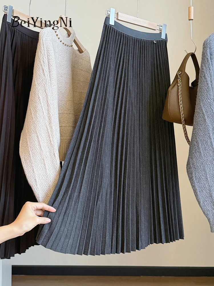 Beiyingni 2026 Fall Winter Women's Pleated Skirt Elegant Luxury Korean Trendy Mid-Calf Minimalist Fashion Skirts Ladies Clothes