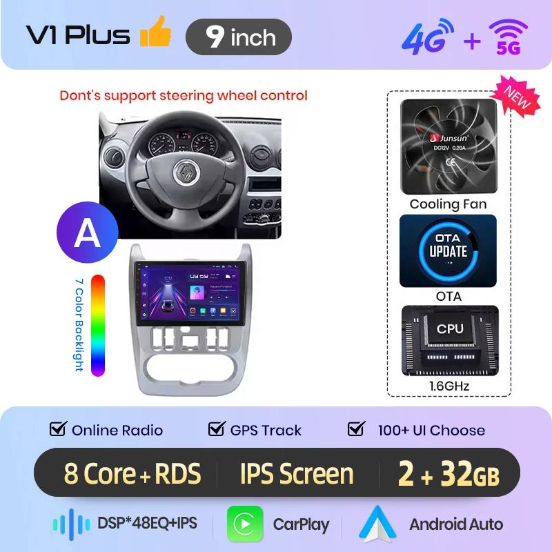 Junsun Android Auto autoradio voor Renault Logan 1 Sandero 2009 2010 2011-2013 Multimedia draadloze CarPlay SWC GPS navigatie RDS DSP