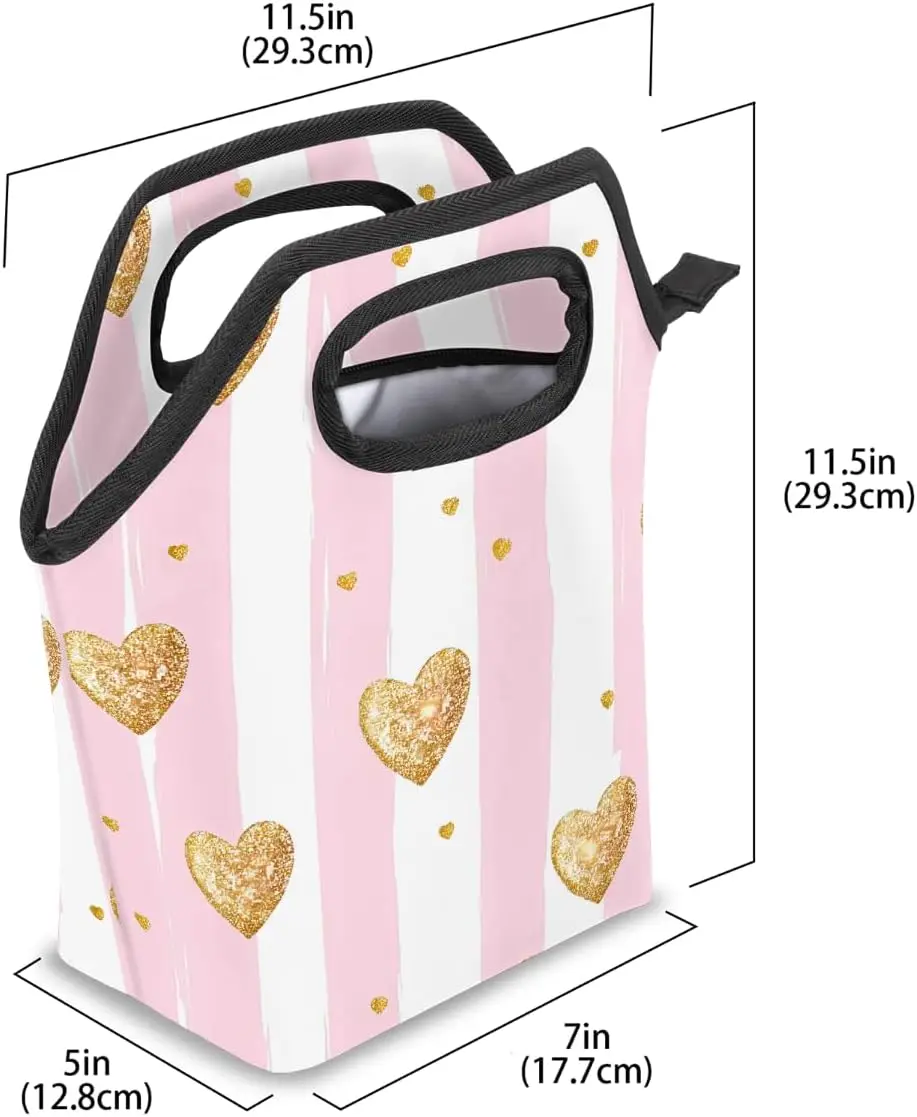 Reusable Insulated Lunch Bag Box Golden Love Heart Pink Stripes Waterproof, Zipper, Leakproof, Lunch Tote Bags