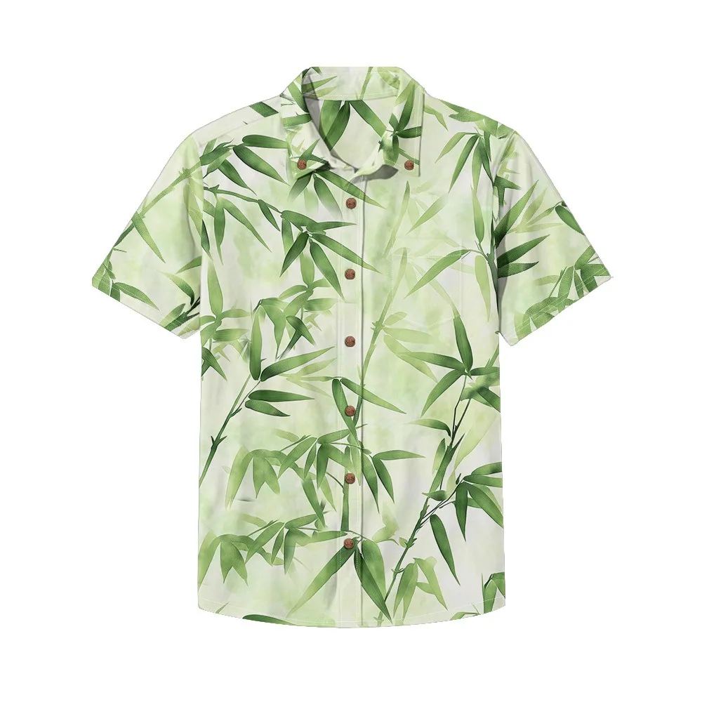 Retro Bamboo Leaves Print Cotton Shirts Vintage Men's Casual Button-Down Shirt Loose Streetwear Summer Hawaiian Beachwear Tops
