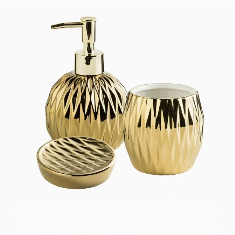 Nordic Style 3pcs Bathroom Accessories Set Gold Silver Ceramic Soap Box Toothbrush Holder Cup and Lotion Dispenser Bottle Set