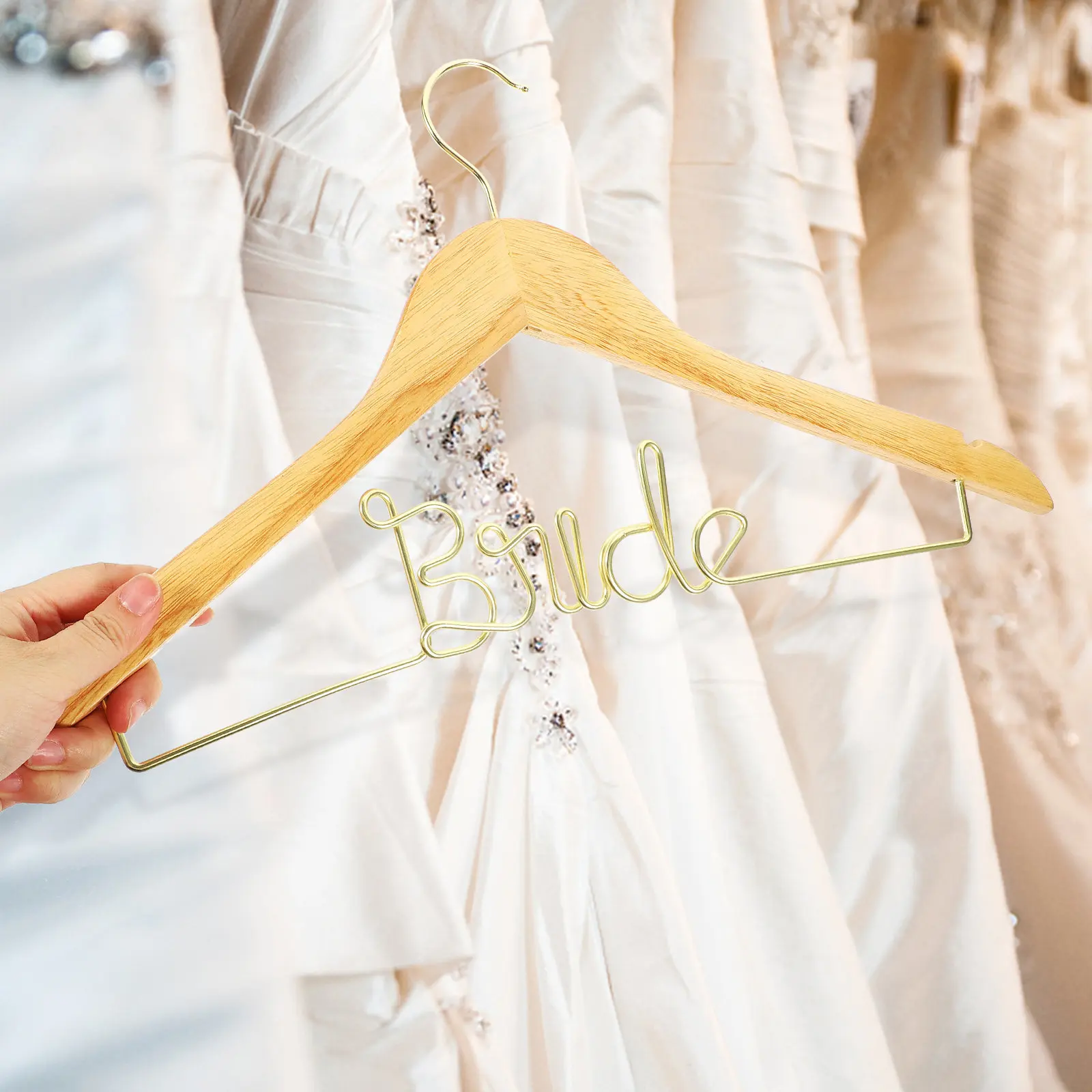 Wedding Clothing Hanger Wooden Metal Construction Non Slip Grooves Wedding Dress Holder Delicate Design Scratch Free Bridal Use
