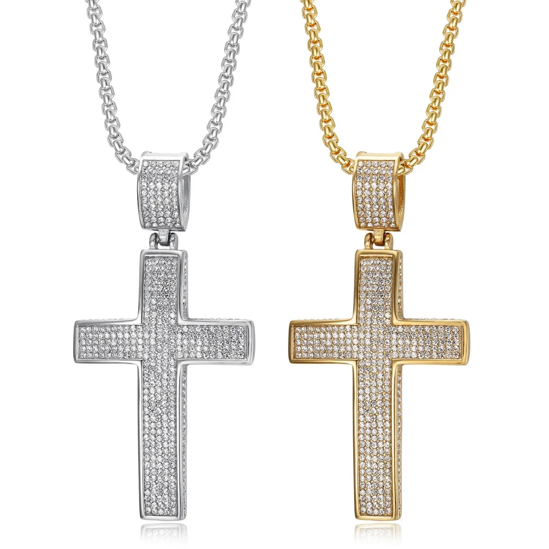 

Hip Hop Iced Out Bling Full CZ Big Jesus Cross Pendant Gold Silver Color Stainless Steel Zircon Tennis Necklace for Man Jewelry