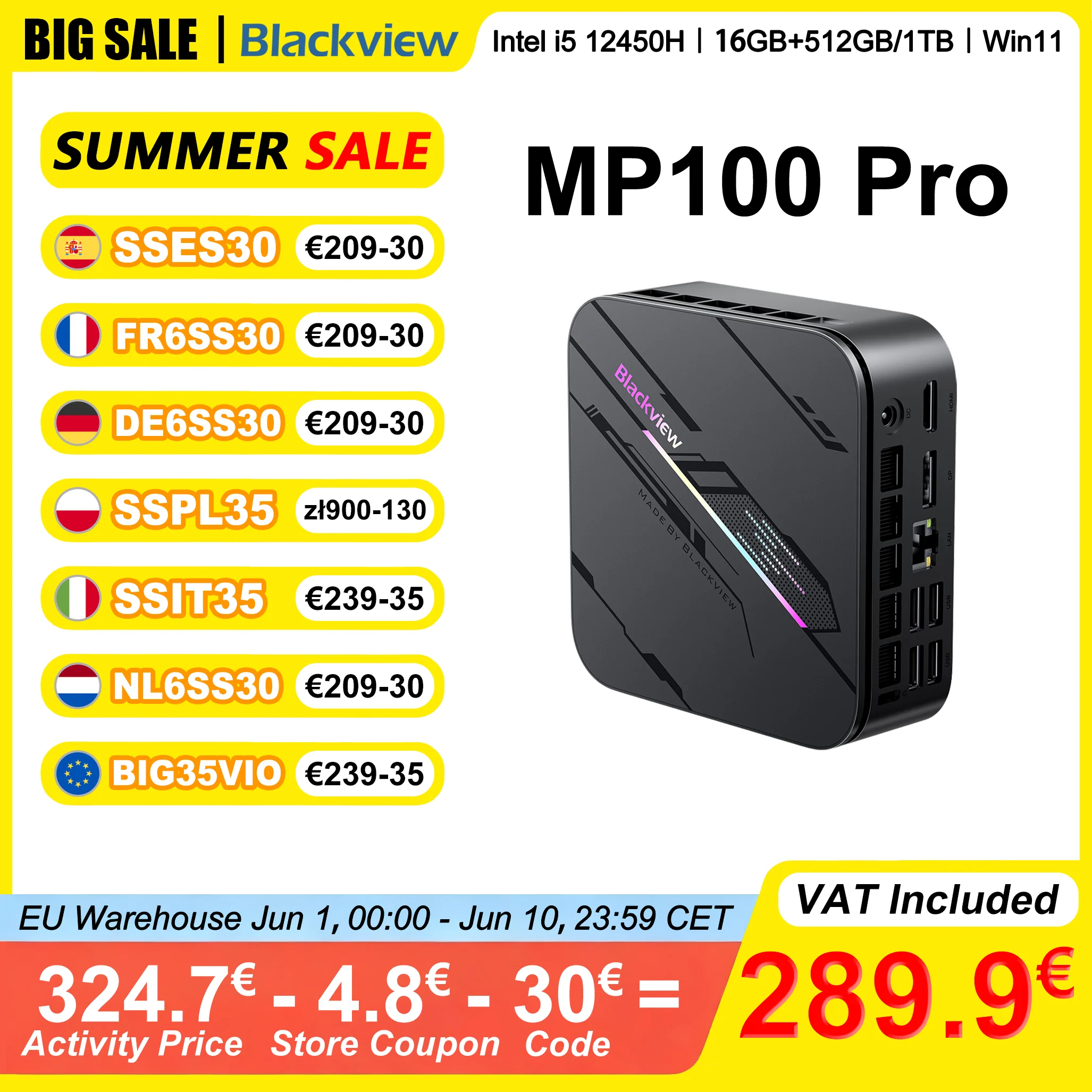 Blackview MP100PRO Mini PC Intel I5-12450H 16GB RAM 512GB/1TB ROM Windows 11 8-Core 12-thread WiFi 6 BT5.2 DDR4