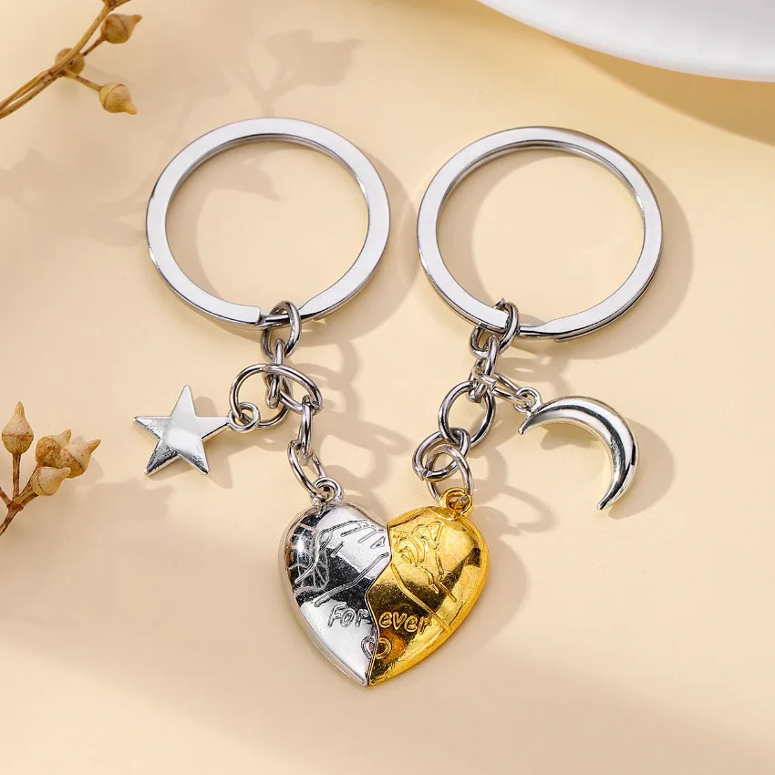 Creative Magnet Keychain Couple Alloy Heart Star Moon Pendant Sweethearts Backpack Car Keyring Decoration Valentine's Day Gift