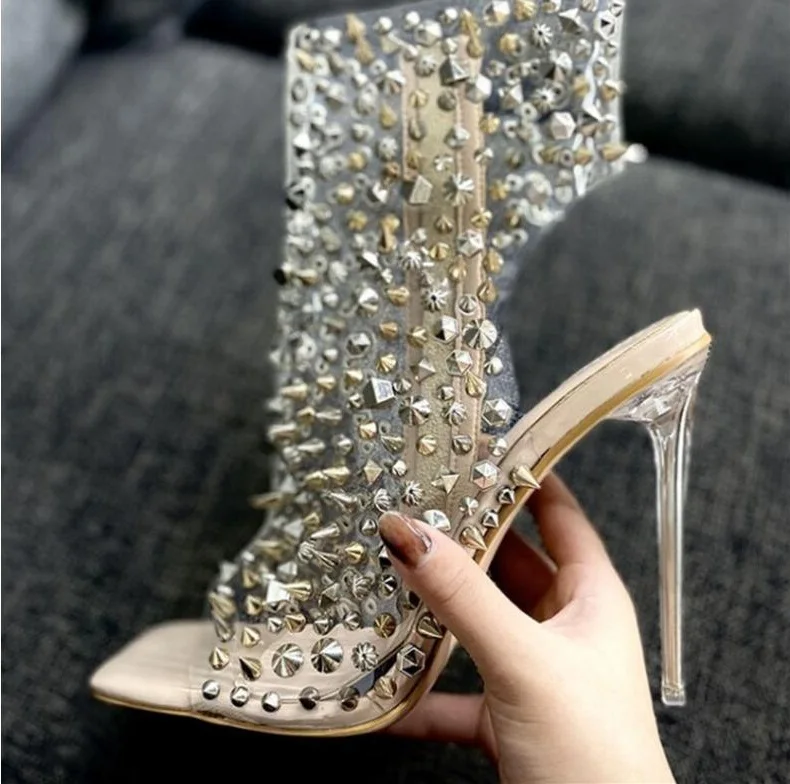 

Clear Transparent PVC Studded Rivets Square Toe Shoes Stiletto High Heels Patchwork Women Party Shoes Cutouts Spikes Pumps