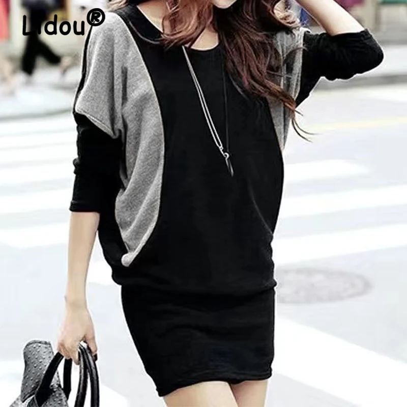 

Spring Autumn Patchwork Bat Long Sleeve Loose Cotton T-shirt Sexy Mini Dress Women Fashion Casual Street Dresses Female Clothing