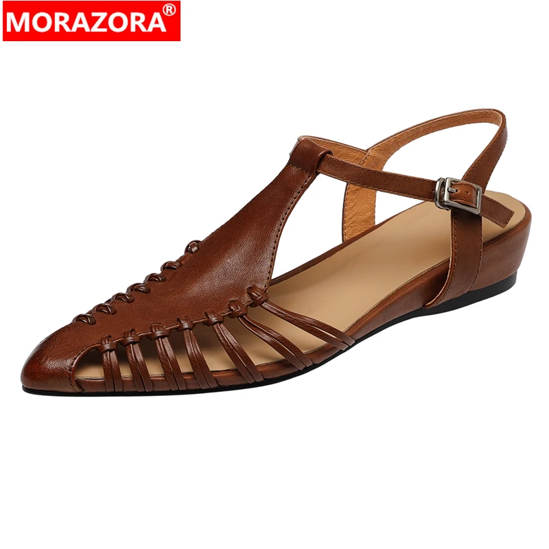 

MORAZORA Genuine Leather Sandals Women Shoes Buckle Strap Pointed Toe Summer Party Office Shoes Ladies Footwear