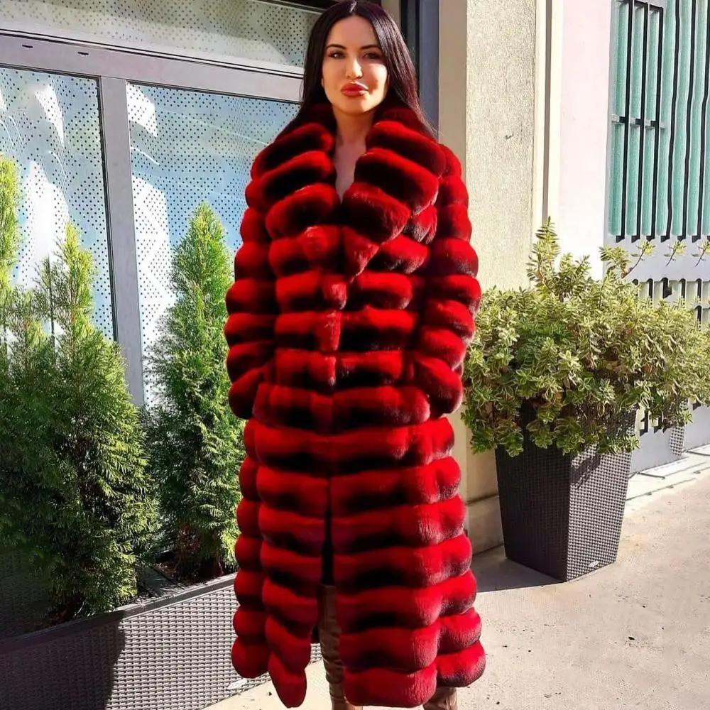 

110CM Fashion Women Natural Real Rex Rabbit Fur Coat Jacket Lady Winter Elegant Warm Genuine Fue Thick Overcoat