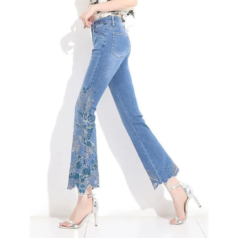Women Vintage Embroidered Micro Flared Jeans Stretchy Slim Fit Ankle Length Denim Pants Casual Streetwear