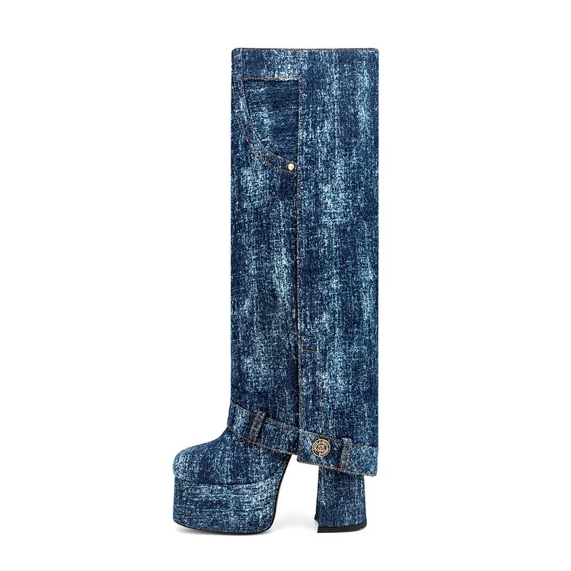 

Shoes Denim Washed Cloth Trouser Legs Boots Women's Autumn Winter Plush High Heel Thick Sole Printed Knee Long Pants Boots