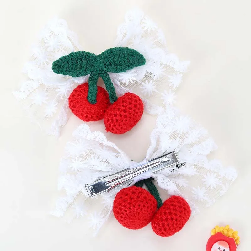 ncmama 2Pcs Cherry Bow Hairpin Cute Knitted Hair Clips for Baby Girls Barrette Child Side Clip Headwear Korean Hair Accessories