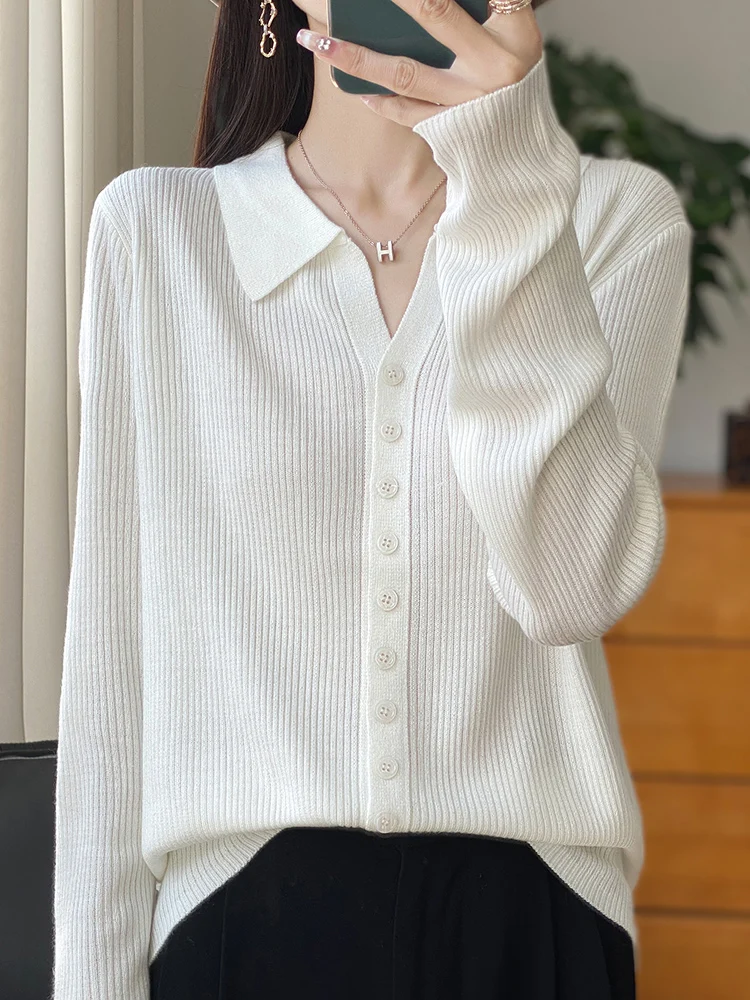 

Classic 30% Merino Worsted wool Women Knitted Cardigan Spring Autumn Thin Female Outerwear Long Sleeve Clothes Tops Soft Sweater