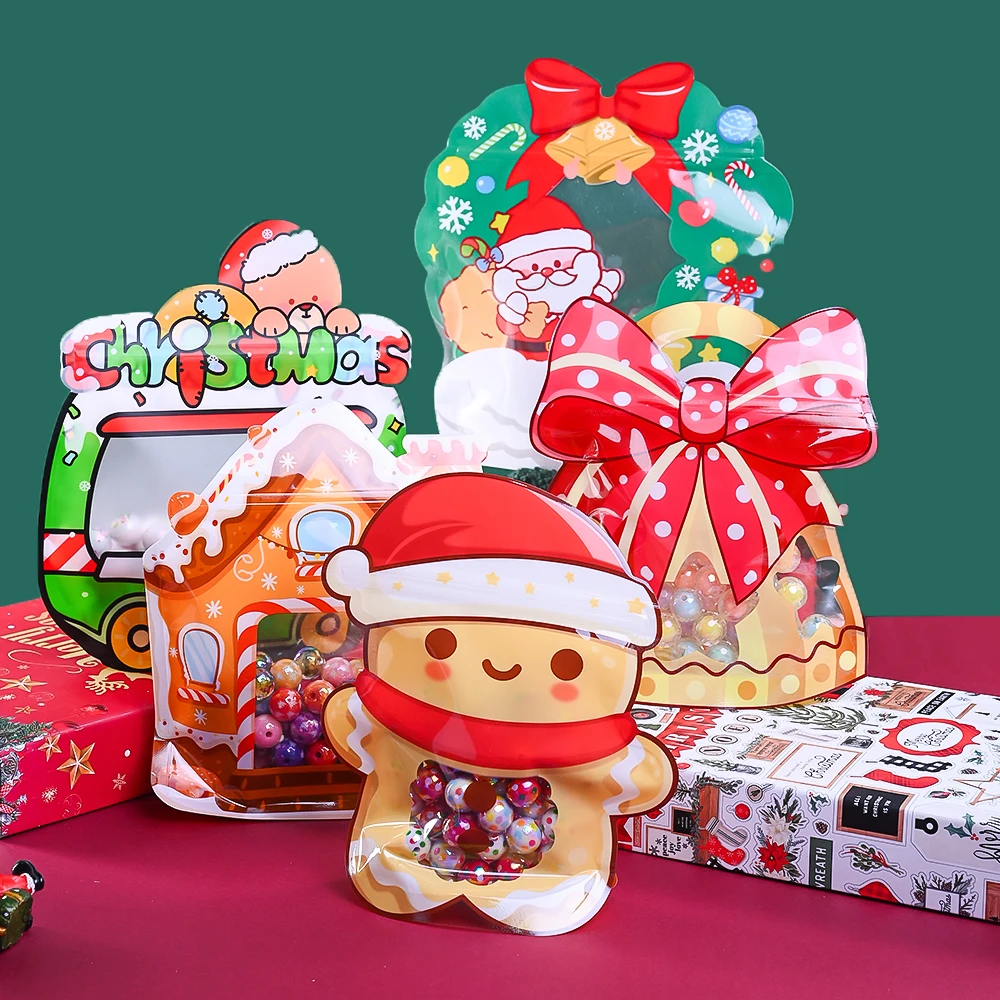 iYOE 9/10 Stück 16,5–22,5 cm Kunststoff-Weihnachtsthema, selbstversiegelte Geschenktüten, Schneeflocken-Schneemann-Baum für Geschenke, Schmuck, Aufbewahrungsbeutel