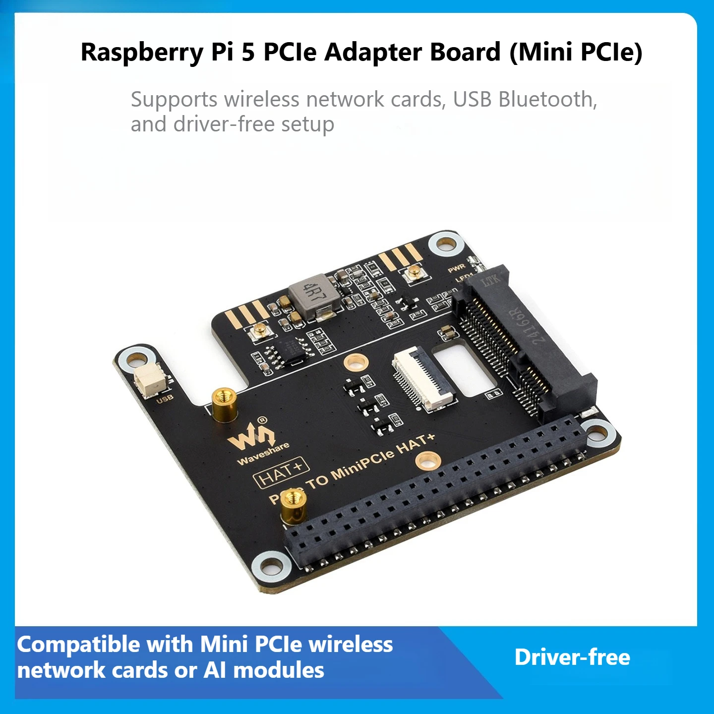 Raspberry Pi 5 PCIe to Mini PCIe Adapter Board Support WiFi 6 Card Bluetooth Module AI Accelerator M2 Key E Expansion