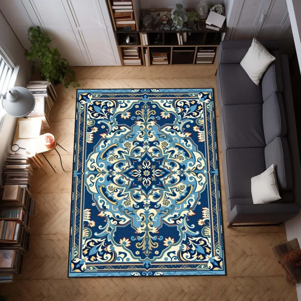 سجادة كليم آرت ديكو التركية الزرقاء سجادة شرقية كلاسيكية، سجادة أرضية منسوجة بوهو للعتيق، انتقائية، ديكور البحر الأبيض المتوسط، سجادة
