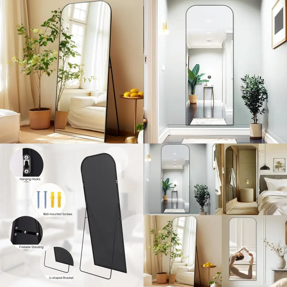 Grand miroir de sol autoportant arqué 71 x 26 pouces, corps complet, salon ou chambre à coucher, option sur pied ou montage mural