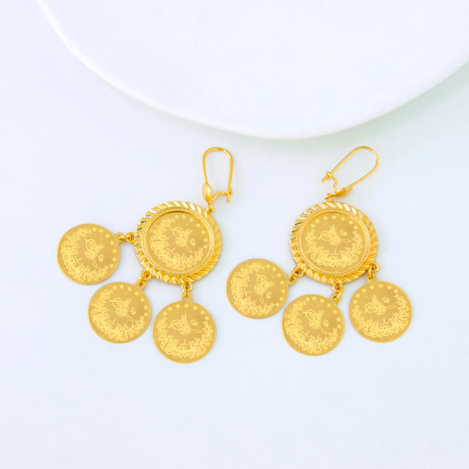 Arab Gold Color Coins Dangle Earrings 18k Copper Gold Plated Turkish Dubai Drop Earring Women Bridal Wedding Jewelry Gifts