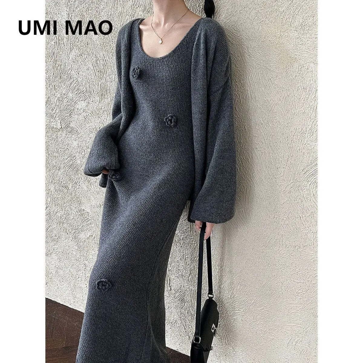 UMI MAO 한국 스타일 가을 겨울 신상 레이지 스타일 베스트 드레스 + 가디건 재킷 여성용 입체 꽃 투피스 세트