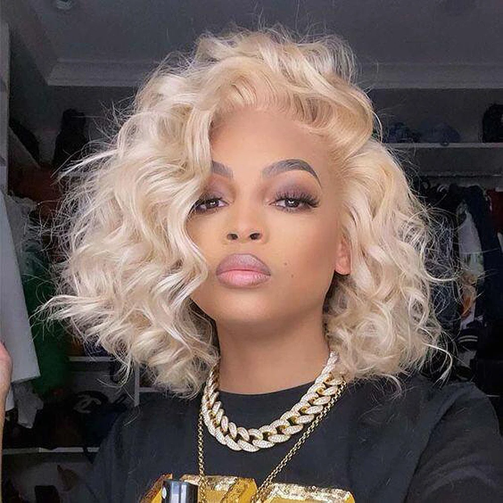 613 Blonde Short Bob Human Hair Wigs Hd Transparent deep Curly Wavy13x4 Brazilian frontal wigs For Women 4x4 Lace Closure T part