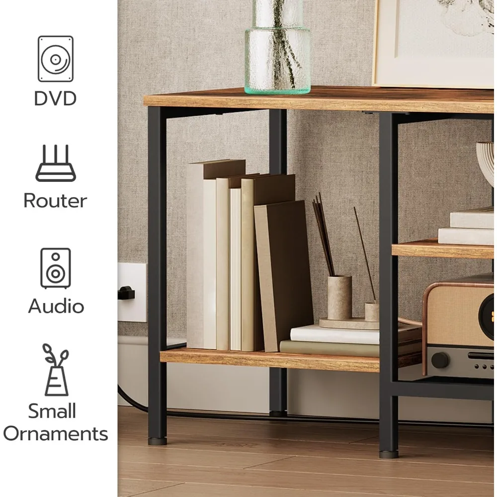 TV Stand with Power Outlets , TV Console Table with Open Storage Shelves, Industrial Media Entertainment Center