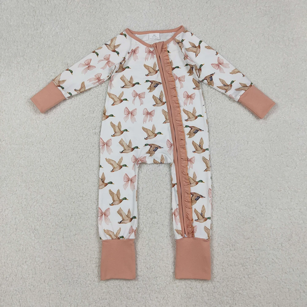 

Baby Girls Plaid Ruffle Footie Rompers with Long Sleeves Pink Bow Duck Design Zipper Closure Cuddly Soft Clothing