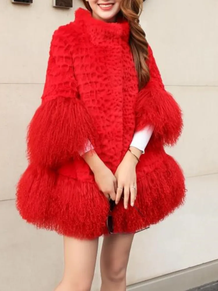 LGRQ Causal Whole Rabbit Fur Furs Tassel Spliced Solid Color Single Breasted High Collar Warm Women's Coat 2024 Winter New 19D46