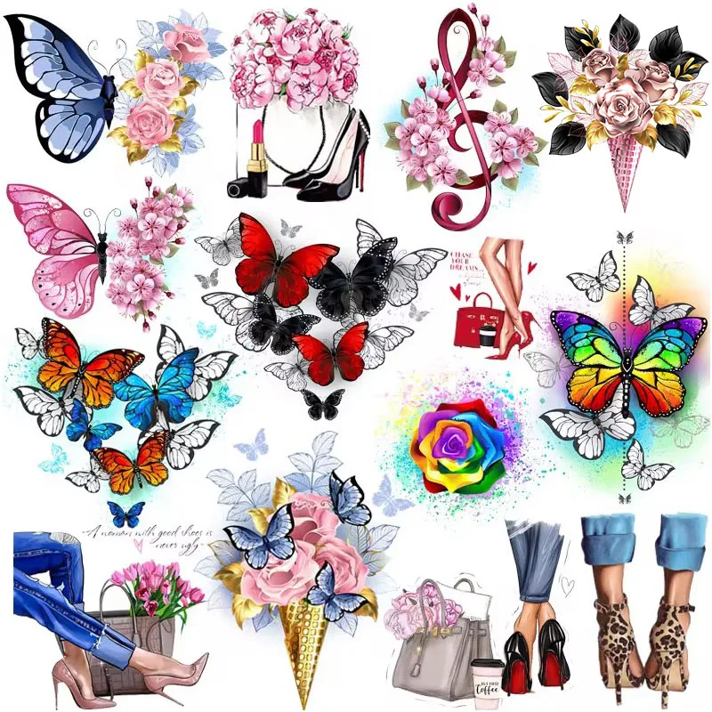 Flower Butterfly Patch Heat Transfer Vinyl Iron-On Transfers For Clothing Fashion High Heel Applique Thermal Stickers On Clothes