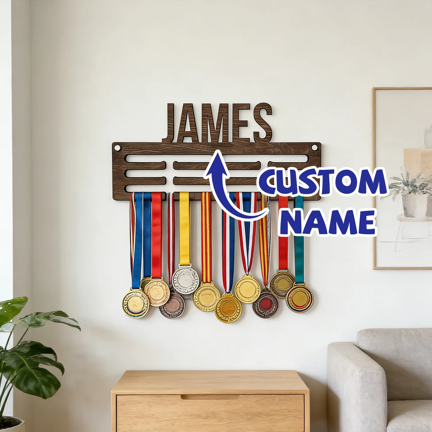 1pc Custom Modern Style Medal Decoration Frame Wooden Sports Medal Holder,Wall Mounted Display Stand for Sports Lovers Gift view 5