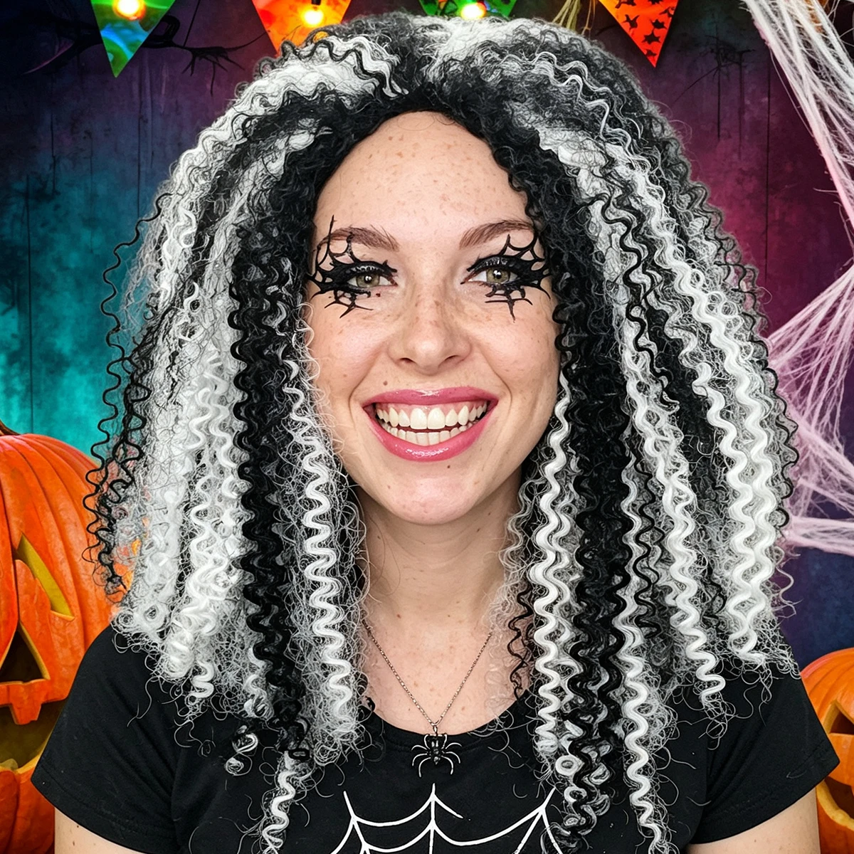 Synthetic Black White Striped Afro Kinky Curly Wig Voluminous Middle Part For Halloween Horror Zombie Cosplay Party Costume