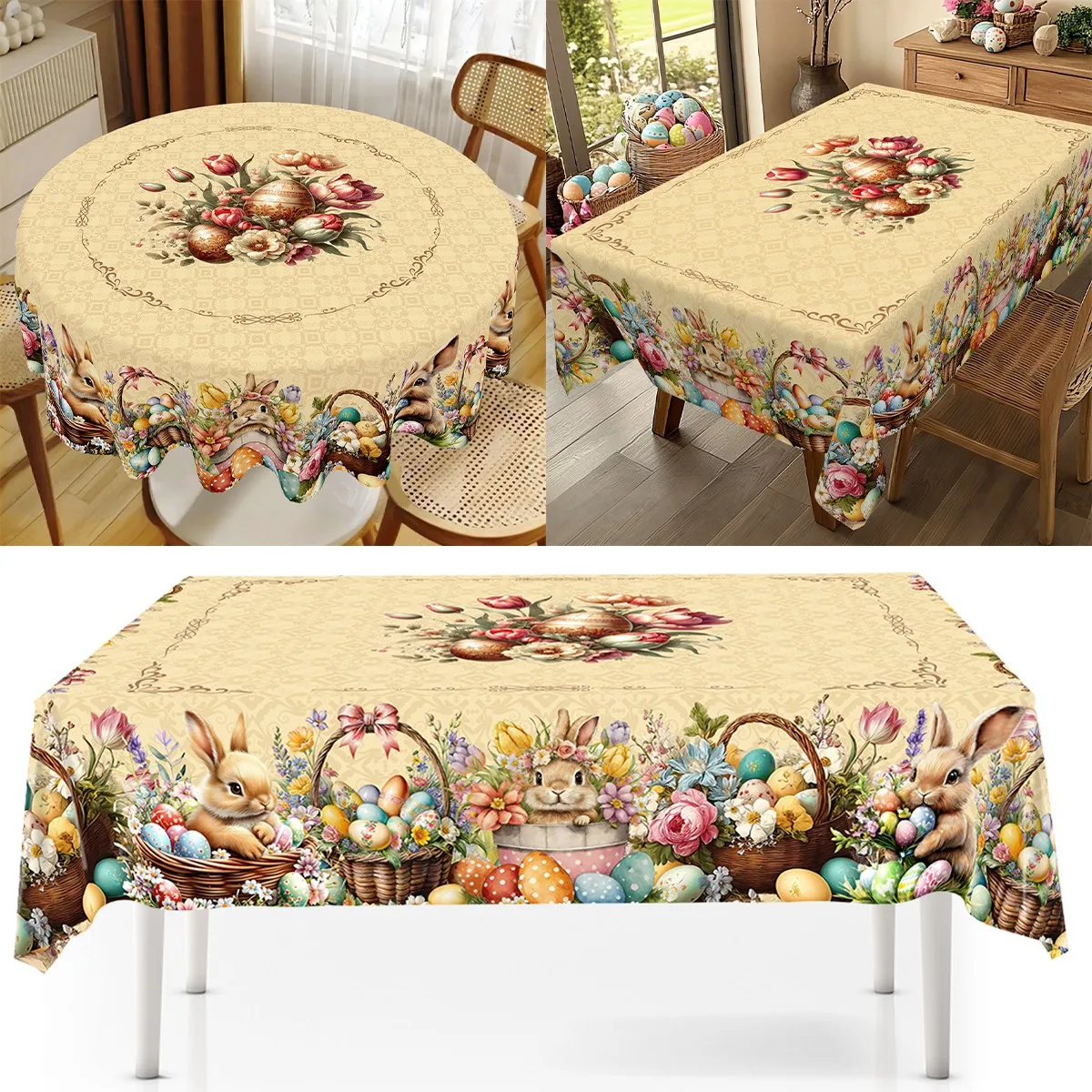 2026 Easter Rabbit Table Cover Rectangle Round Bunny Table Cloth Spring Holiday Happy Easter Decoration For Home Kitchen Dinning