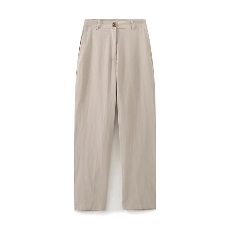 Linen Wide Leg Full Pants Casual Solid Loose Summer Women's Office Lady Pants Streetwear Simple Style Bottoms Black Khaki