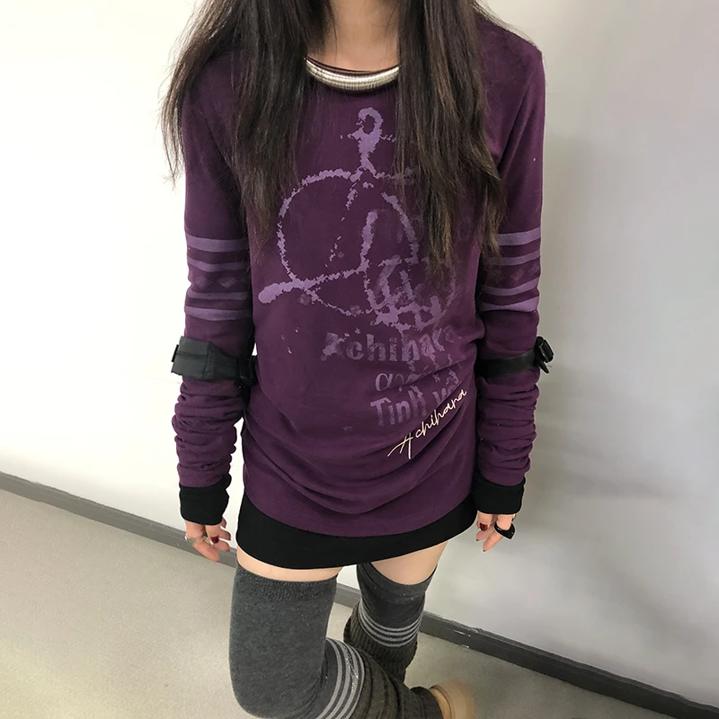 Karrram Japanese Y2k Letter Print T-shirt Grunge 2000s Style Long T Shirt Vintage Harajuku Long Sleeve Purple Top American Retro image 3