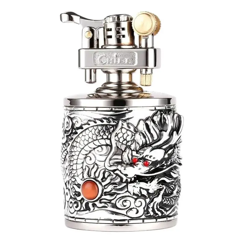 CHIEF Creative Metal Gasoline Lighter Zinc Alloy Leather Embossed Dragon Desktop Cigarette Oil Isqueiro 93*48mm