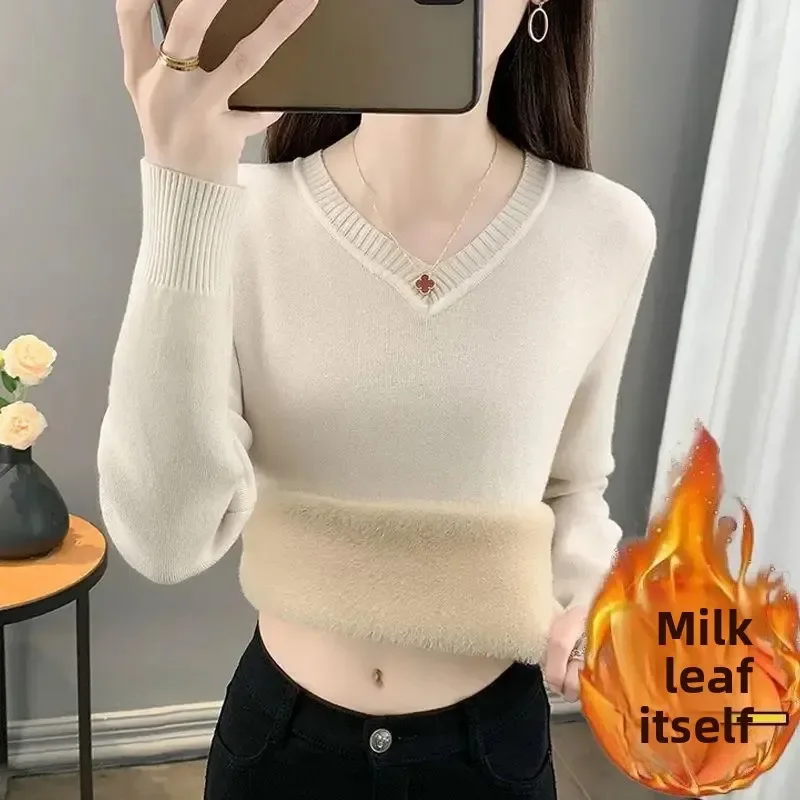 سميكة الصوف المرأة محبوك سترة الخامس الرقبة قاعدة طبقة قطعة واحدة المخملية أكمام الدافئة حجم كبير سليم صالح الخريف الشتاء