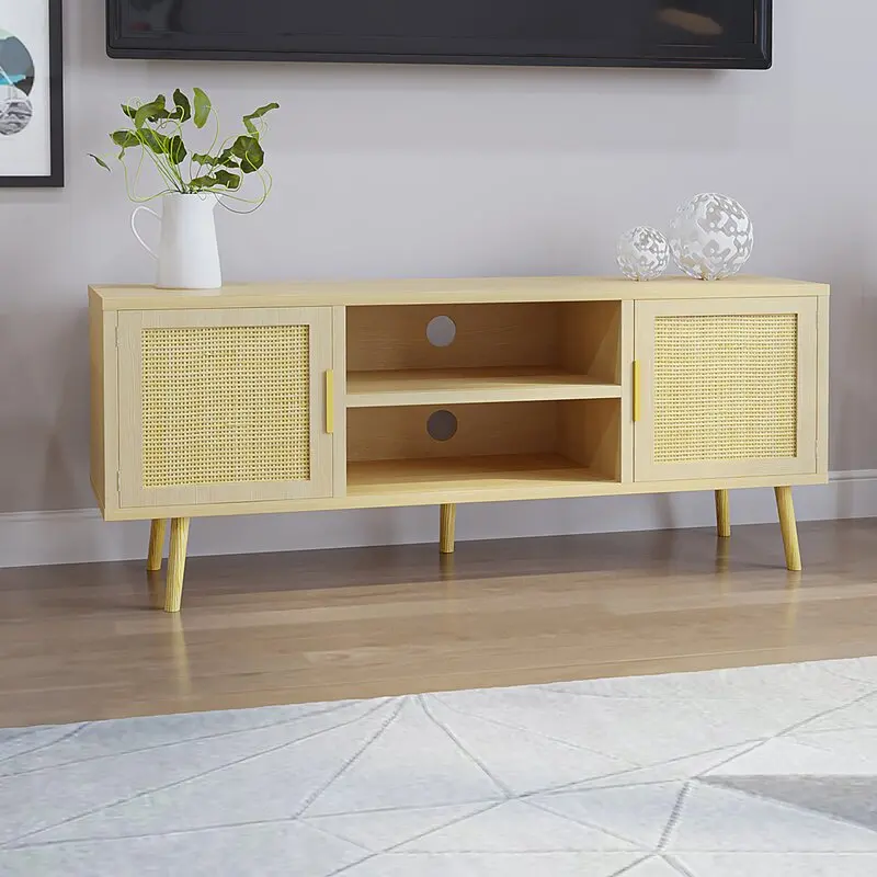 Farmhouse Rattan TV Stand for 55 Inches TV Modern Entertainment Center with Storage Cabinet Small Media Console Cabinet TV